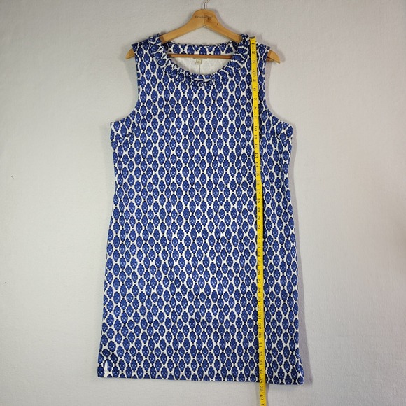 Talbots Petite XL Blue White Geo Ruffle Neck Cotton Shift Dress NWT Knee Length - Picture 10 of 11